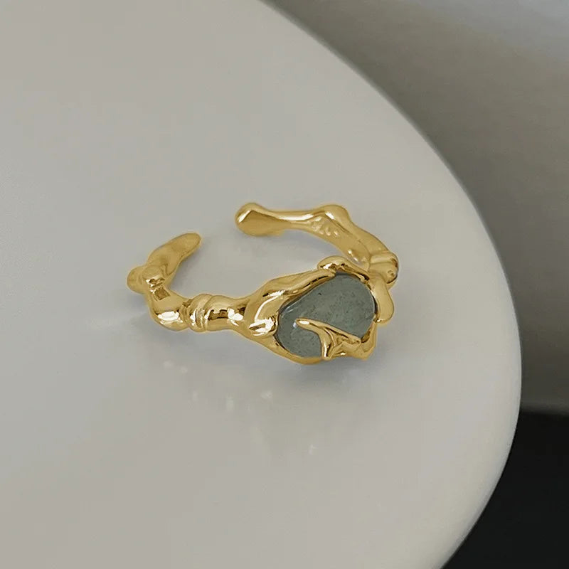 luckacco retro gold color double oil drip open rings for women luxury irregular adjustable finger ring 2025 new trendy wedding jewelry