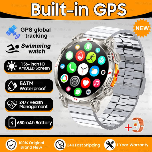 Luckacco 2025New Military GPS Sports SmartWatch Men 1.56" AMOLED Screen Compass Altimeter 5ATM Waterproof 560mAh Wireless Call Smartwatch