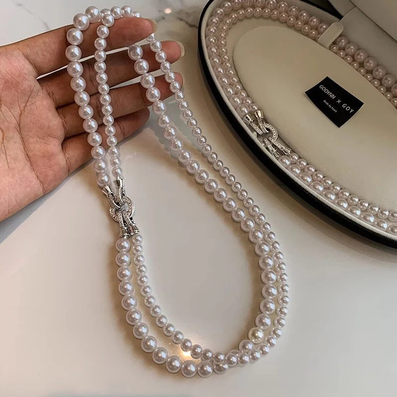 luckacco fashion aristocratic double-layer layered pearl necklace for women detachable vintag banquet jewelry collarbone chain
