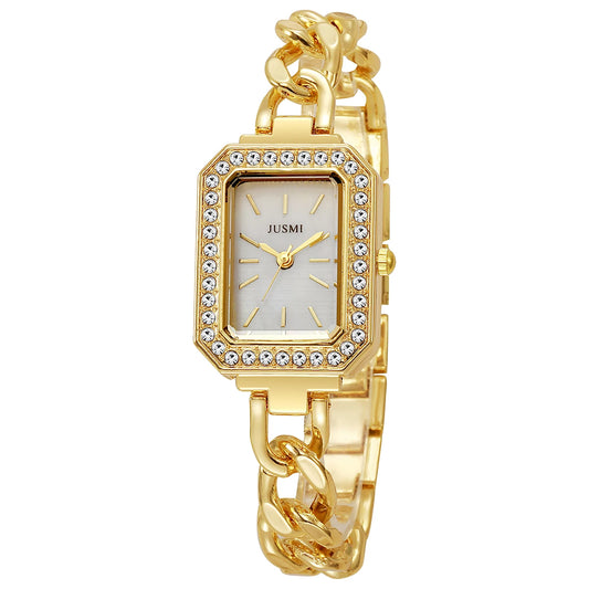 Luckacco Ladies' high-value fashion bar scale square dial buckle shaped steel strip inlaid with diamonds outer shell quartz watch