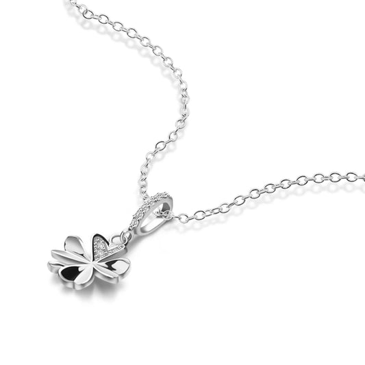 Luckacco Vintage Elegant Flower & Four-leaf Clover Pendant Necklace for Women Shiny Zircon 925 Sterling Silver Clavicle Chain Jewelry