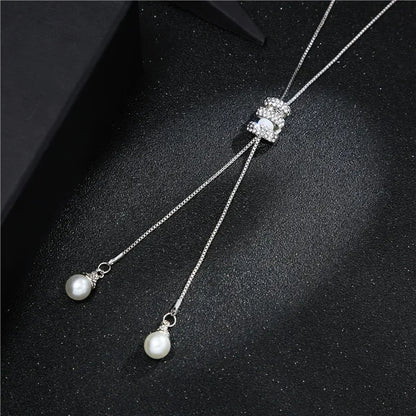 Luckacco 2024 NEW High Quality Fashion Metal Long Tassel Rhinestone Crystal Pearl Long Chain Necklace Sweater Patry Necklace Jewelry