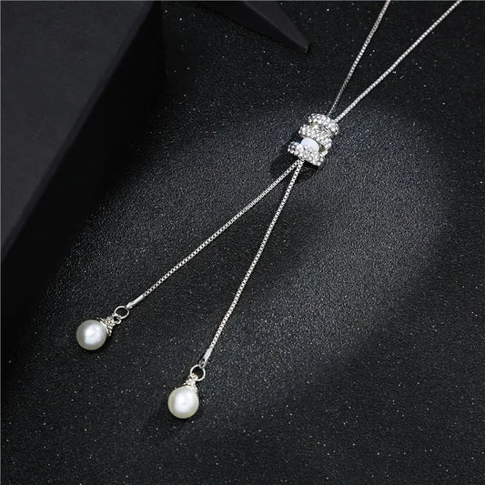 Luckacco 2024 NEW High Quality Fashion Metal Long Tassel Rhinestone Crystal Pearl Long Chain Necklace Sweater Patry Necklace Jewelry