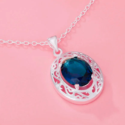Luckacco 45cm Luxury 925 sterling Silver romantic Blue Crystal Oval Pendant Necklace For Women fashion party wedding Jewelry gifts