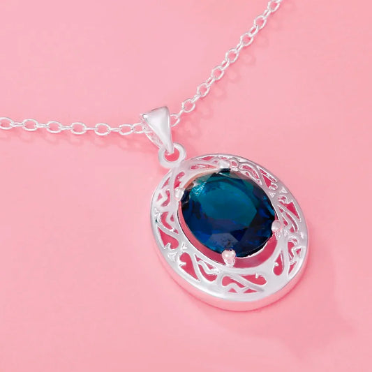 Luckacco 45cm Luxury 925 sterling Silver romantic Blue Crystal Oval Pendant Necklace For Women fashion party wedding Jewelry gifts