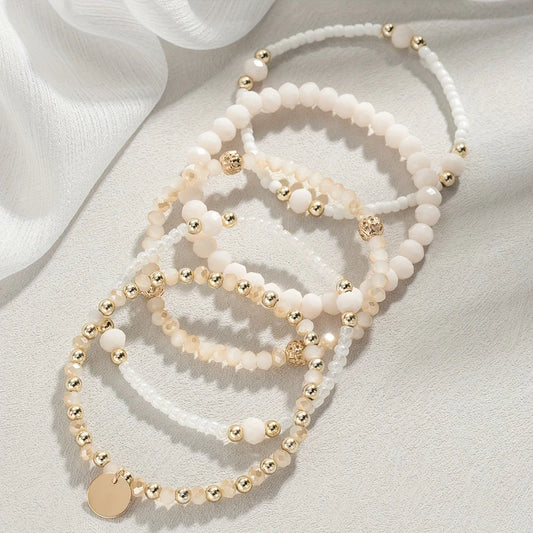 Luckacco 5pcs/set Personalized Creative Beaded Round Piece Pendant Bracelet Women's Multi-layer Stacking Jewelry Accessories Gifts