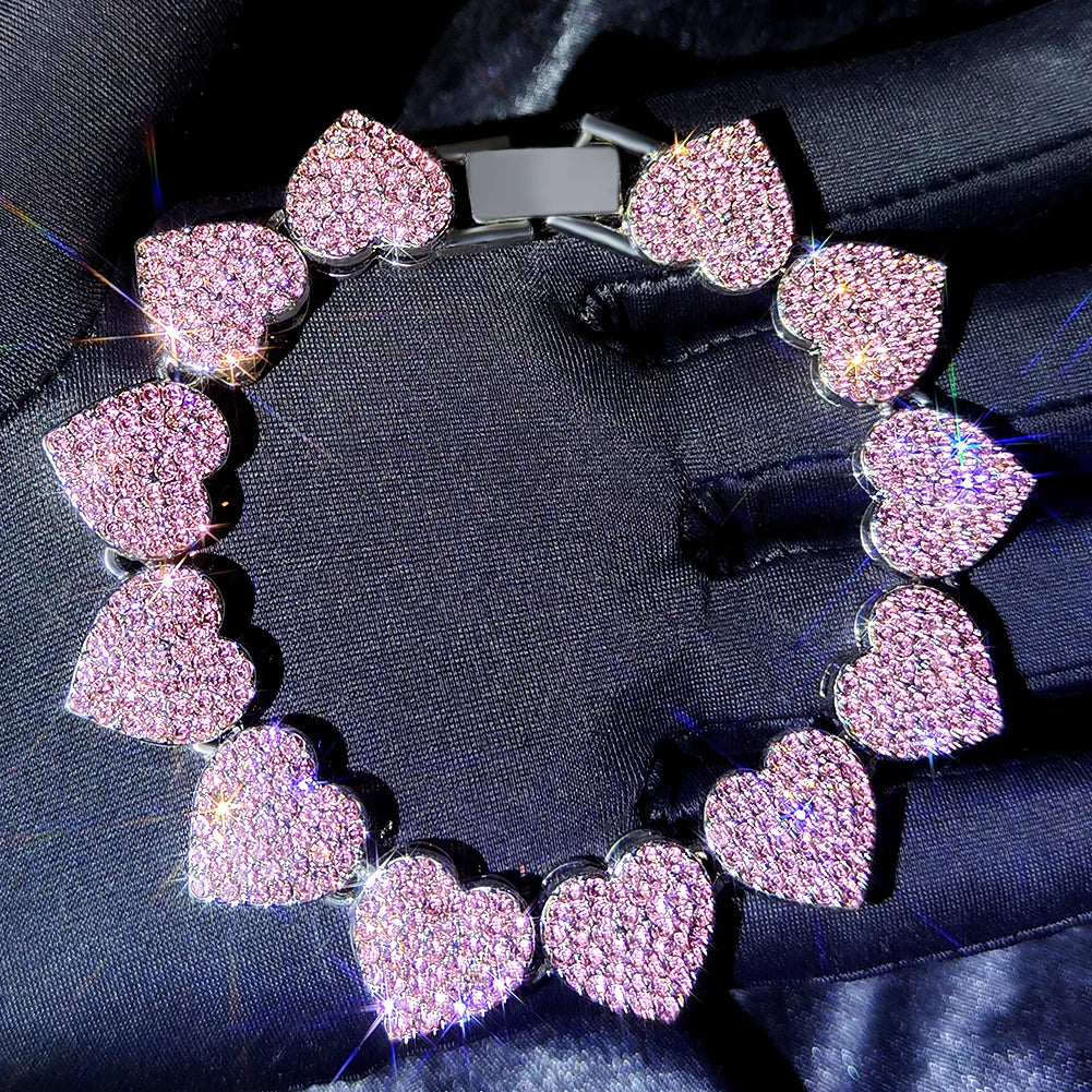 luckacco iced out pink cuban bracelet for women hip hop gold silver color crystal heart circle square bracelet 4pcs set jewelry gift