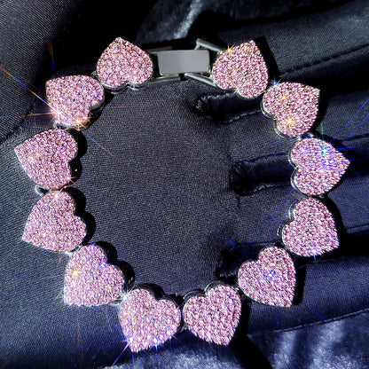 Luckacco Iced Out Pink Cuban Bracelet for Women Hip Hop Gold Silver Color Crystal Heart Circle Square Bracelet 4Pcs Set Jewelry Gift