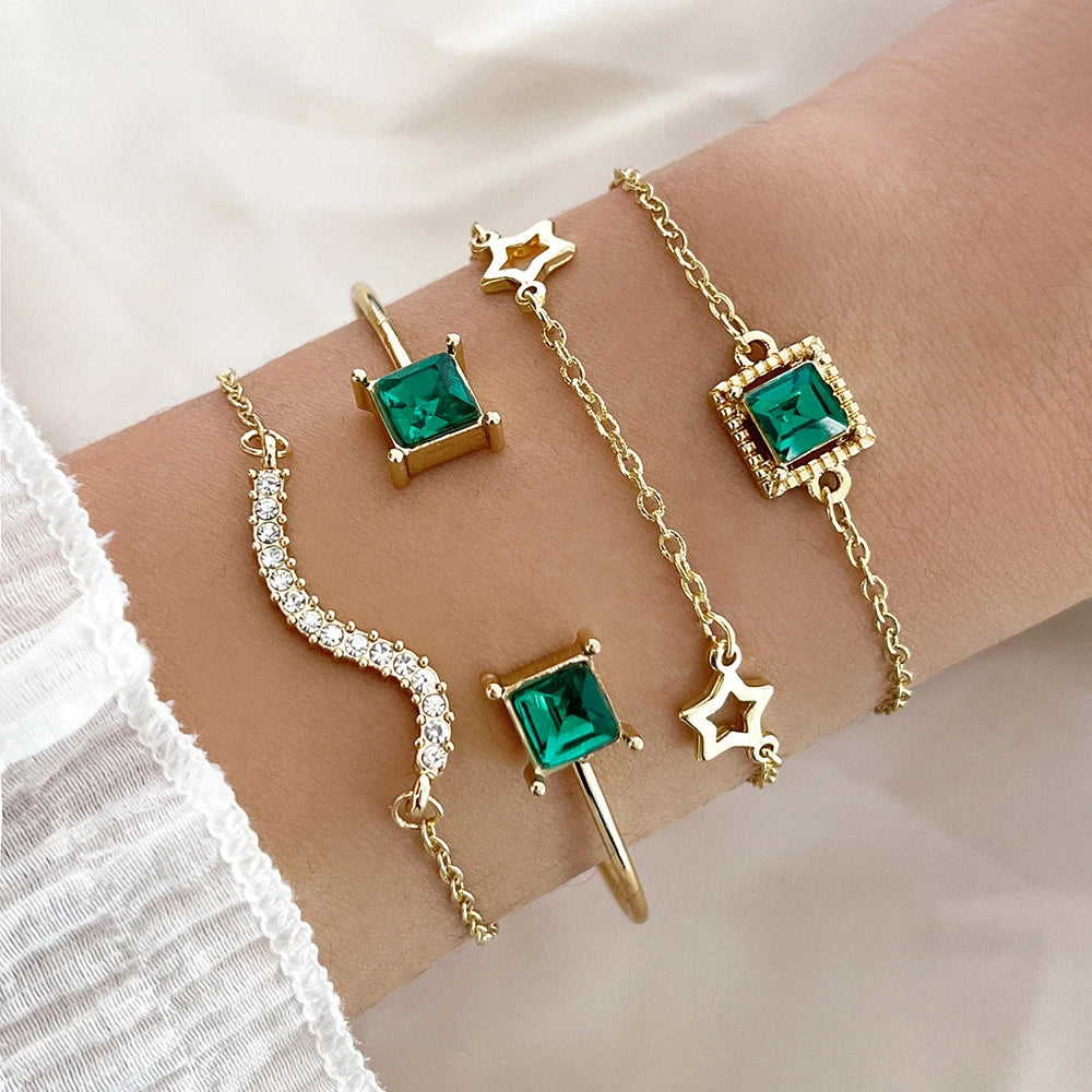 luckacco 4pcs/set fashionable snake imitation gemstone bangle rhinestone full metal bracelet set for women's jewelry birthday party gifts