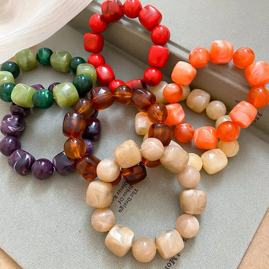 Luckacco Women's Bracelet with Square and Round Acrylic Beads; Simple European and American Inspired Design, Korean Fashion Accessory