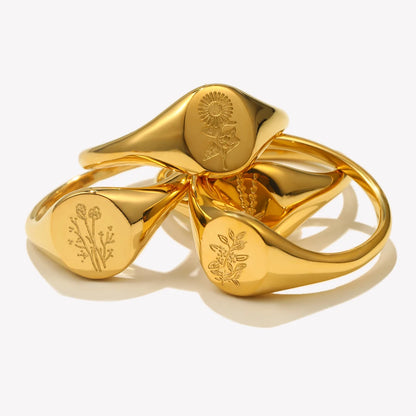 Luckacco E.B.belle Tarnish Free Stainless Steel 18k Gold Plated Engraving Wildflower Tea Leaf Lavender Sunflower Signet Rings For Women