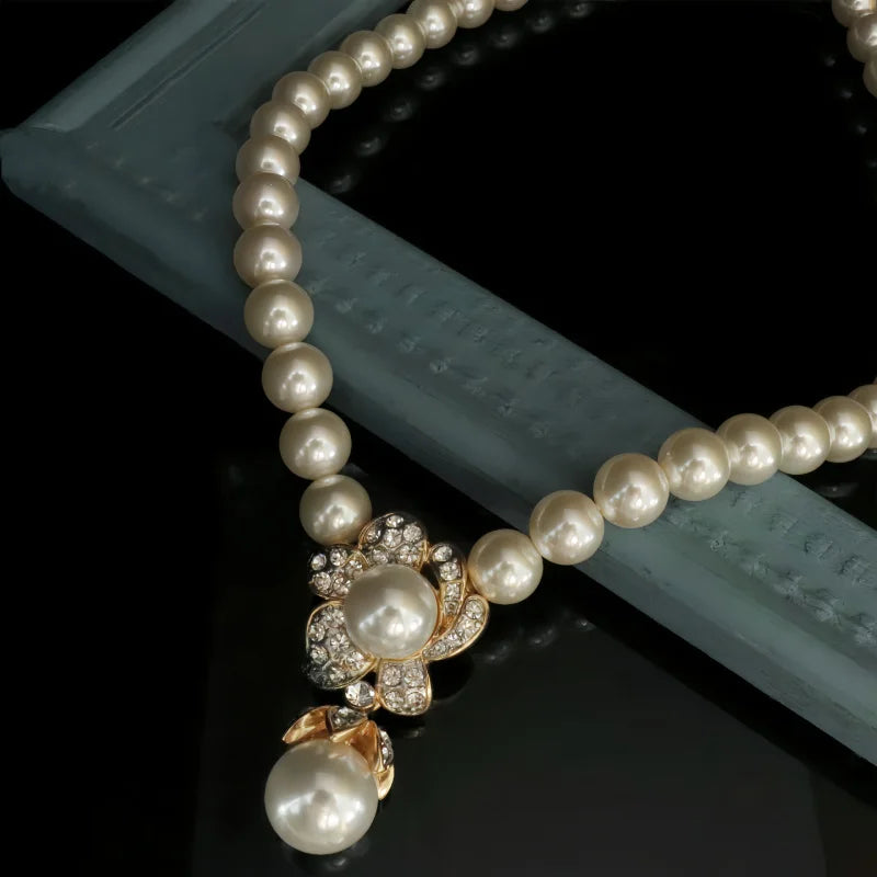 luckacco fashionable retro style atmospheric inlaid zircon flower pendant pearl short banquet party necklace elegant and