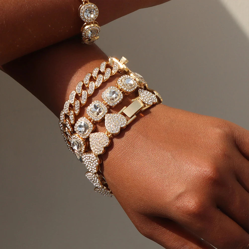 luckacco iced out pink cuban bracelet for women hip hop gold silver color crystal heart circle square bracelet 4pcs set jewelry gift