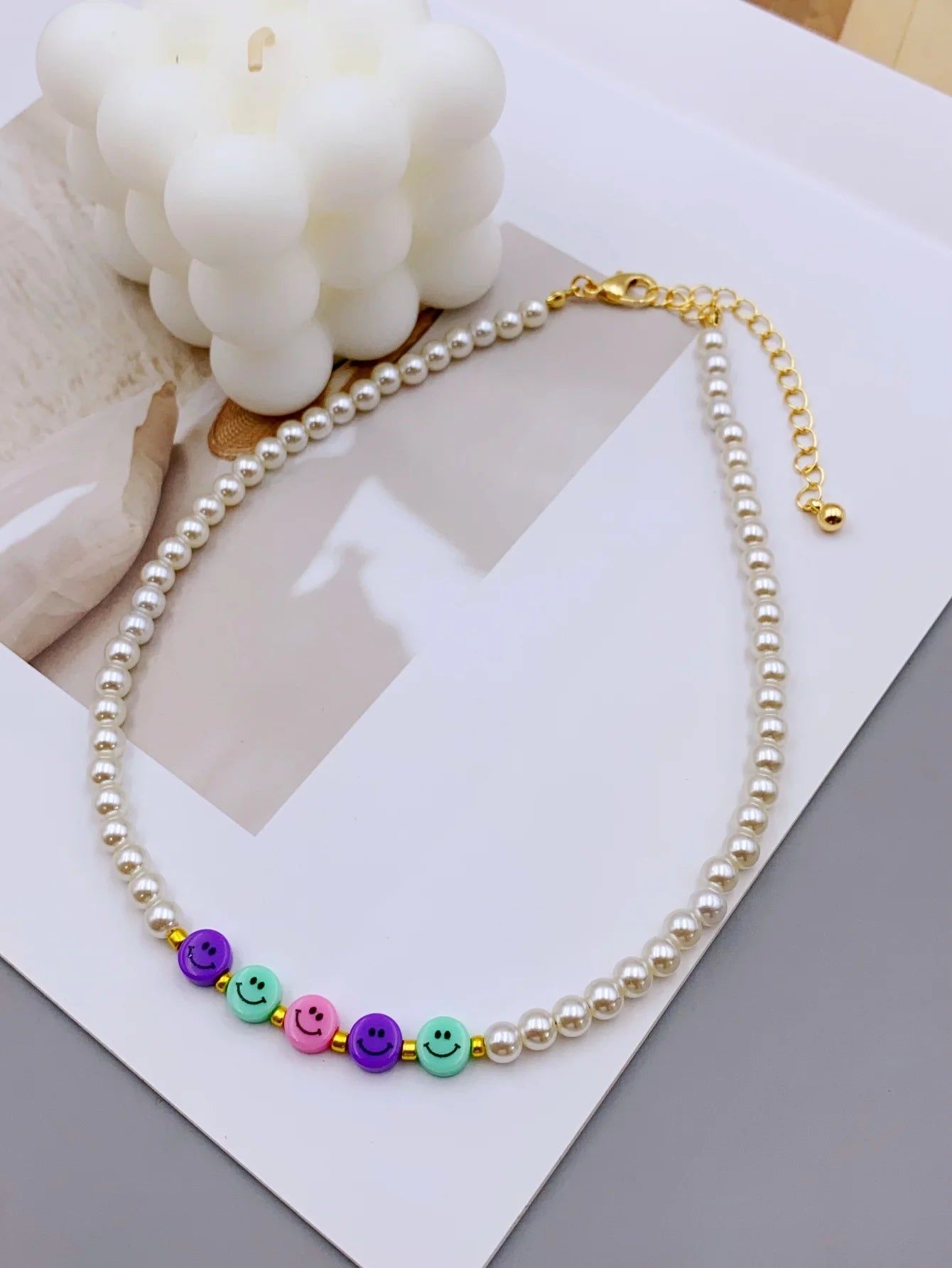 luckacco charming acrylic pearl necklace with colorful smiling beads for women necklace for women