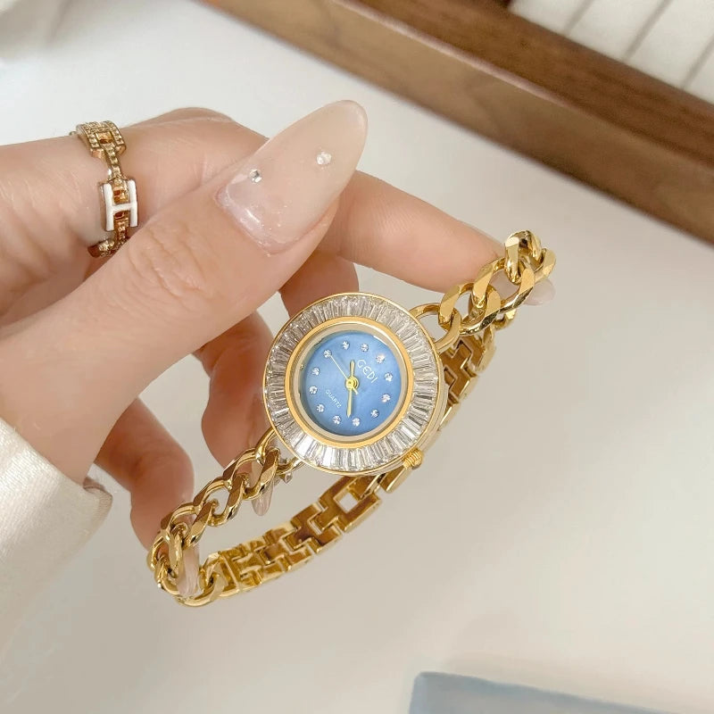 luckacco women's watches 2025 luxury elegant ladies wrist watch gold rhinestone quartz wristwatch vintage female small clock reloj mujer