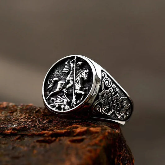 Luckacco Vintage St George and The Dragon Rings for Men Stainless Steel Jewelry Soldier's Protector Courage Luck Ring on The Battlefield