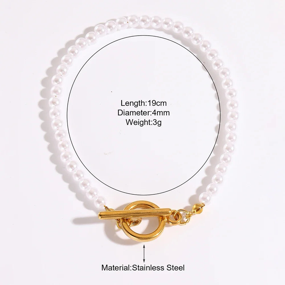 luckacco imitation pearl ot clasp bracelet for women gold color bread bangle silver color chain new in designer fashion jewelry