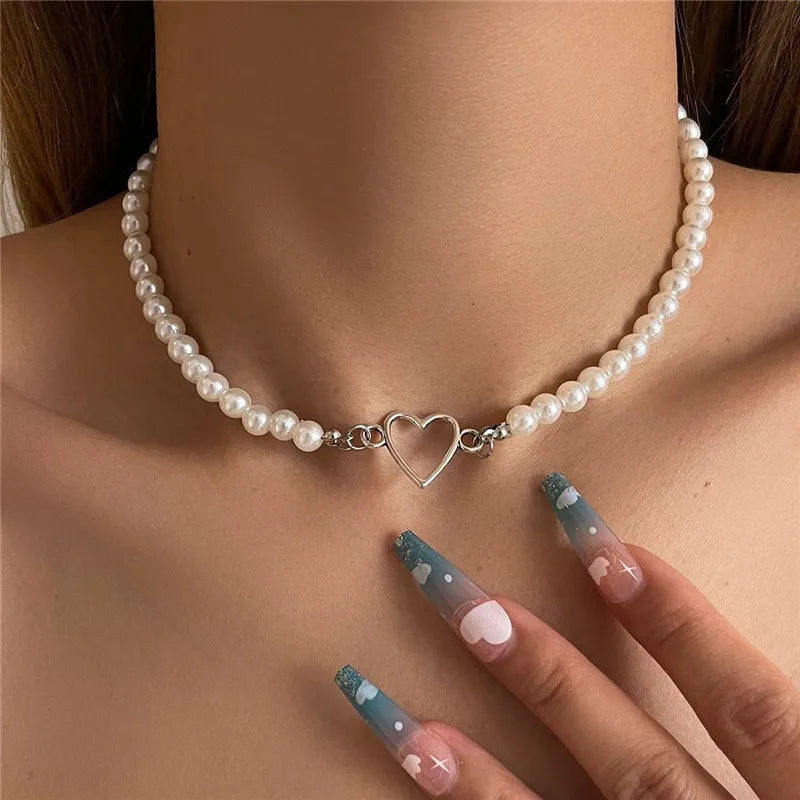 luckacco imitation pearl trendy love heart  choker necklace female personality party fashion clavicle collier colar perlas collar gift