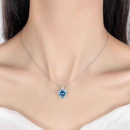 Luckacco Women's Exquisite 925 Sterling Silver Necklace with Blue Zircon Crystal Love Heart Pendant Charm Jewelry Gift