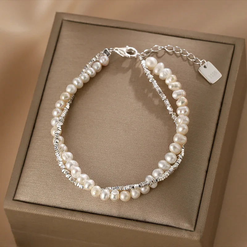 luckacco fashion 925 sterling silver pearl bracelets for women girls luxury double layer pearl silver chain bracelets party jewelry gifts