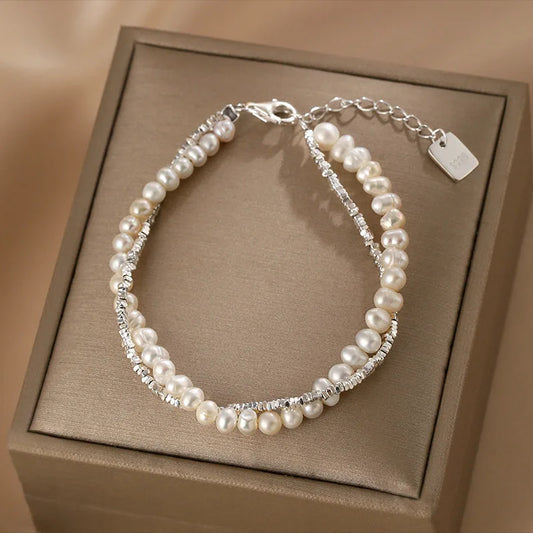 Luckacco Fashion 925 Sterling Silver Pearl Bracelets for Women Girls Luxury Double Layer Pearl Silver Chain Bracelets Party Jewelry Gifts