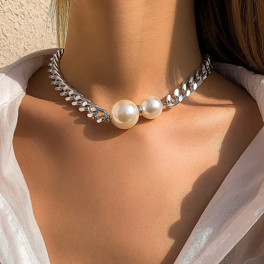 Luckacco Vintage Punk Cuban Chains Necklaces Women Gothic Imitation-Pearl Pendant Necklace Girl Chokers Fashion Accessories Jewellery