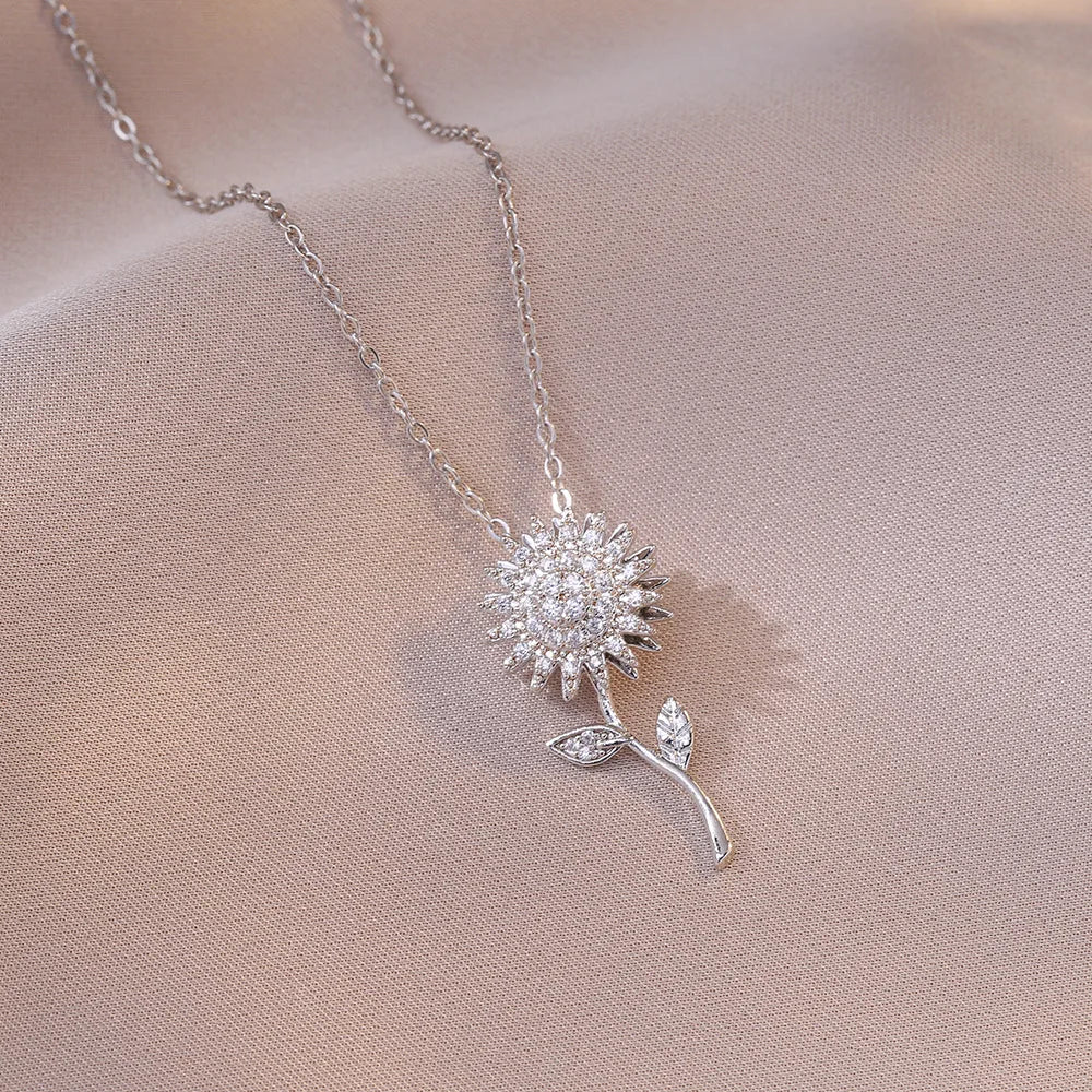 luckacco classic sunflower cubic zirconia pendant necklaces for women gold color alloy rotate necklace daily jewelry