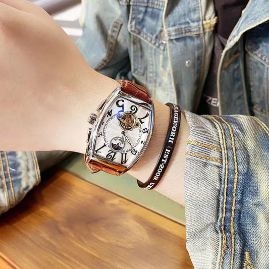 Luckacco Luxury Automatic Mechanical Watch for Men Sports Watches Tourbillon Skeleton Military Male Clock Cool Tonneau Man Wristwatch