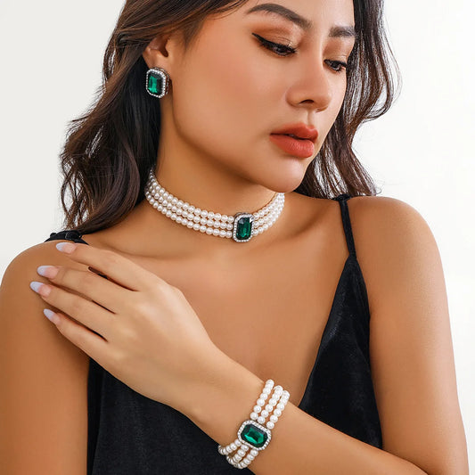 Luckacco 4PC Women's Fashion Light Luxury Short Style Imitation Pearl Turquoise Necklace Earrings Bracelet Jewelry Set Party Festival Gif