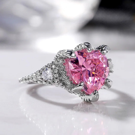 Luckacco Pink Cubic Zirconia Ring Suitable for Women's Engagement Wedding Luxury Accessories Sparkling Silver Fashion Jewelry