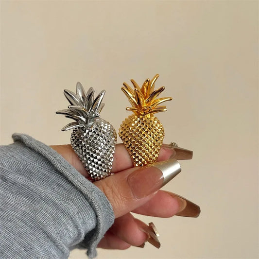Luckacco New Summer Retro Metal Fruit Pineapple Gold Silver Colour Wide Ring Vintage Women Girl Jewelry Accessories Gift 2025