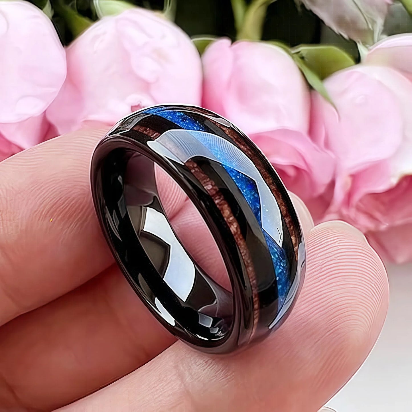 luckacco 8mm unique blue opal inaly men's black stainless steel rings koa wood wedding band jewelry party steel ring accessory