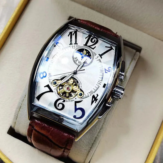 Luckacco Luxury Automatic Mechanical Watch for Men Sports Watches Tourbillon Skeleton Military Male Clock Cool Tonneau Man Wristwatch