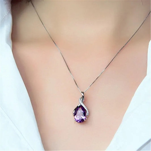 Luckacco Buyee 925 Sterling Silver Female Stone Pendant Chain Natural Amethyst & Aquamarine Necklace for Women Fashion Fine Jewelry Chain