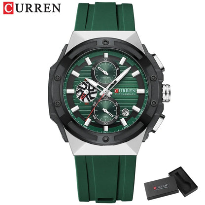 Luckacco CURREN Fashionable Sports Multifunctional Chronograph Quartz Watch with Silicone Strap Creative Design Dial Luminous Hands