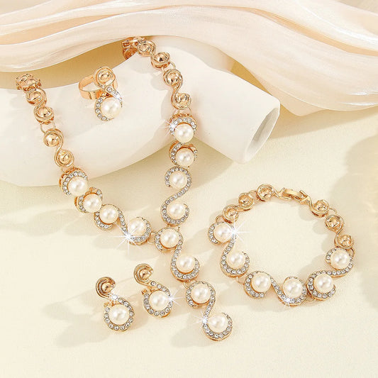 Luckacco 5 PCS Women's Metal Jewelry Set Pearl Necklace Earring Bracelet Set Holiday Party Jewelry Bridal Wedding Jewelry