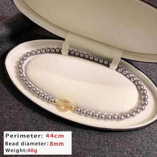 Luckacco French Elegant Micro Set Zircon Round Buckle Imitation Pearl Beaded Necklace For Women's Temperament Jewelry Sweet Accessories