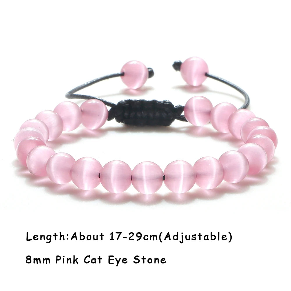 luckacco natural cat eye stone bracelet & bangle for women brief white pink opal beads yoga balance jewelry lucky wristband handmade gift