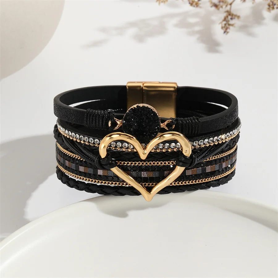 luckacco amorcome fashion braided leather wrap bracelets bangles multilayer resin stone hollow heart charm bracelets women gift pulseira