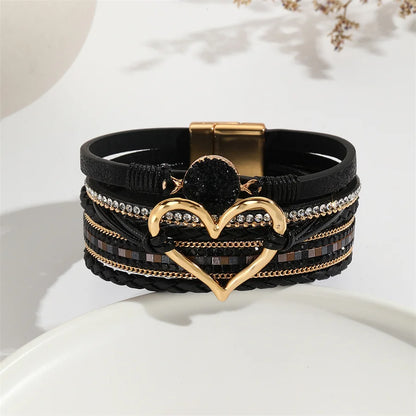 Luckacco Amorcome Fashion Braided Leather Wrap Bracelets Bangles Multilayer Resin Stone Hollow Heart Charm Bracelets Women Gift Pulseira