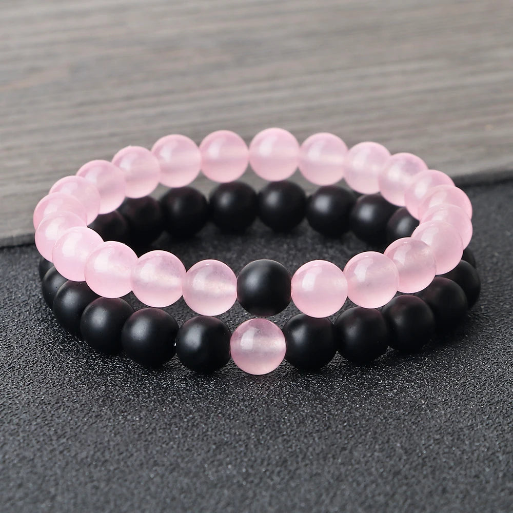luckacco natural stone matching couple bracelet distance pink black beads for men women strand bracelets bangles yoga lover jewelry gifts