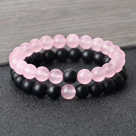 Luckacco Natural Stone Matching Couple Bracelet Distance Pink Black Beads For Men Women Strand Bracelets Bangles Yoga Lover Jewelry Gifts