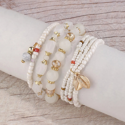Luckacco DIEZI Korean Ethnic Bohemian Crystal Beads Leaves Charm Bracelets For Women Girls Elastic Rope Wrap Bracelet Pulseira Feminina