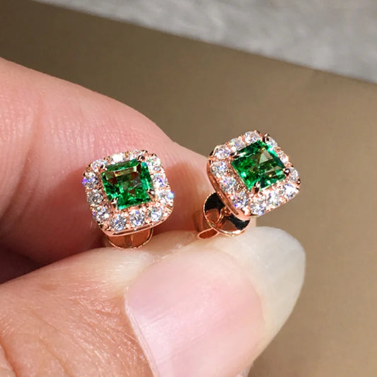 Luckacco daily picks Eternity Green CZ Stud Earrings for Women Gold Color Luxury Bride Wedding Earrings Elegant Ear Accessories Party Jewelry