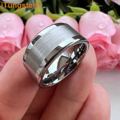 Luckacco iTungsten 10mm 12mm Big Finger Ring Mens Tungsten Flat Engagement Wedding Band With Center Brushed Polished Finish Comfort Fit
