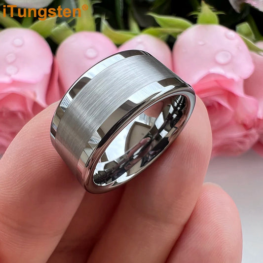 Luckacco iTungsten 10mm 12mm Big Finger Ring Mens Tungsten Flat Engagement Wedding Band With Center Brushed Polished Finish Comfort Fit