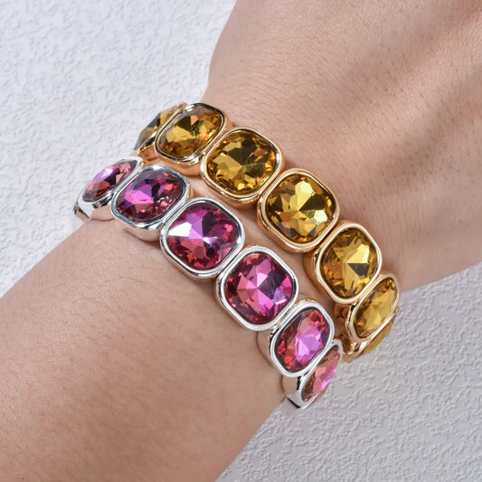 Luckacco Rose Colorful Glass Crystal Elastic Bracelet Enamel Stretch Rhinestone Bangle Tile Bead Bracelet for Women Fashion Jewelry