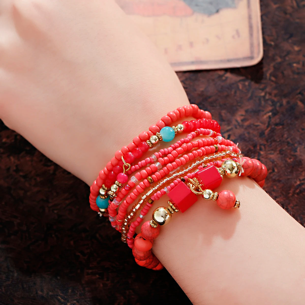 luckacco bohemian red charm beads multilayer bracelets & bangles for women handmade turquoises beads bracelet femme boho jewelry