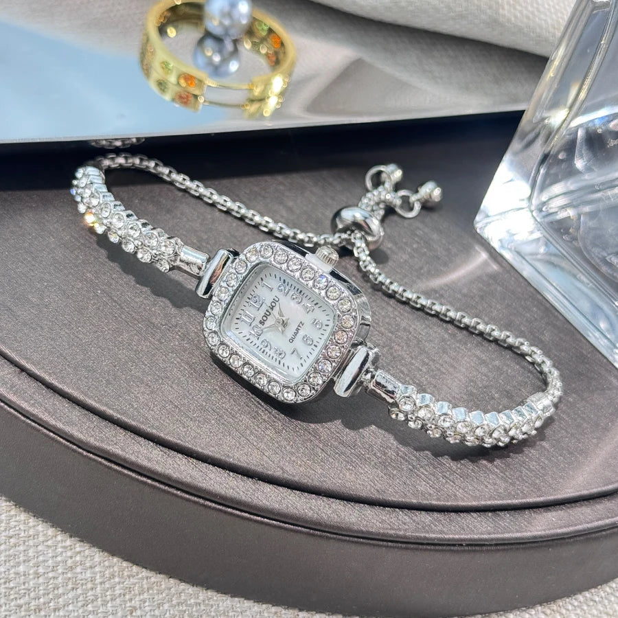 luckacco the new ladies' small square watch features a double-row diamond bracelet and arabic numerals fashionable quartz watch