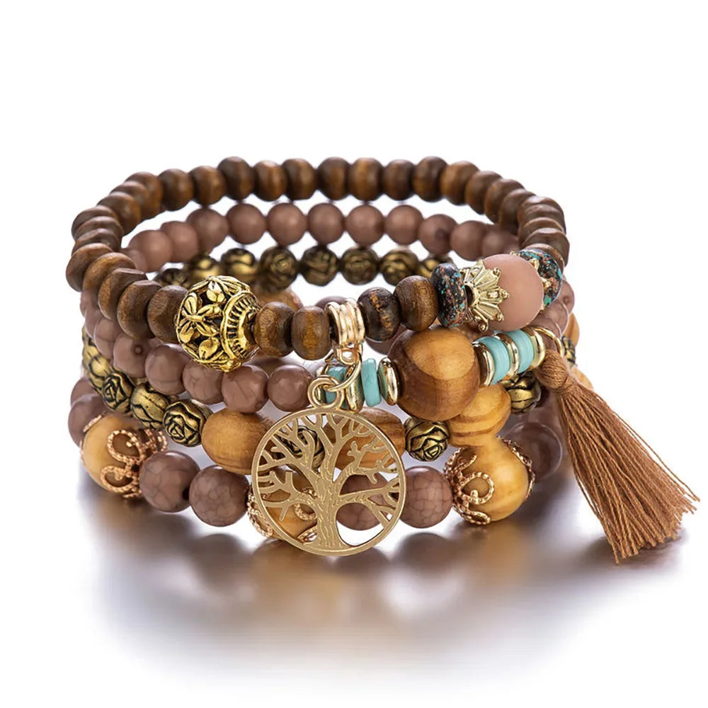 luckacco boho tree of life bracelet set for women fashion tassels charm wooden beads elastic chain bangle girl trendy party jewelry